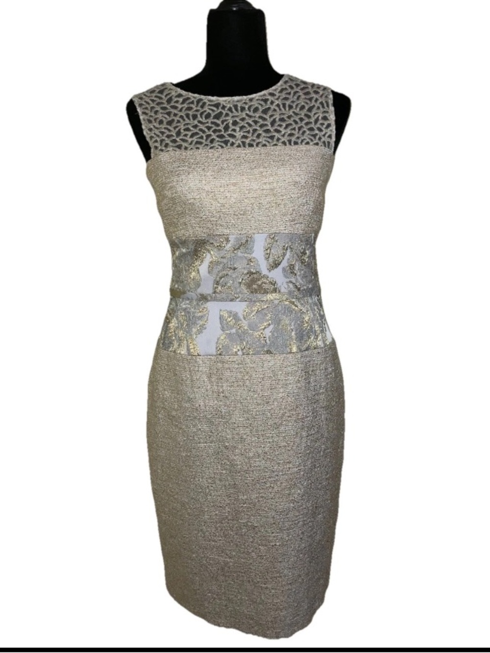 Rickie Freeman For Teri Jon Dress 6 Jacquard Gold Midi Length Wedding Cocktail
